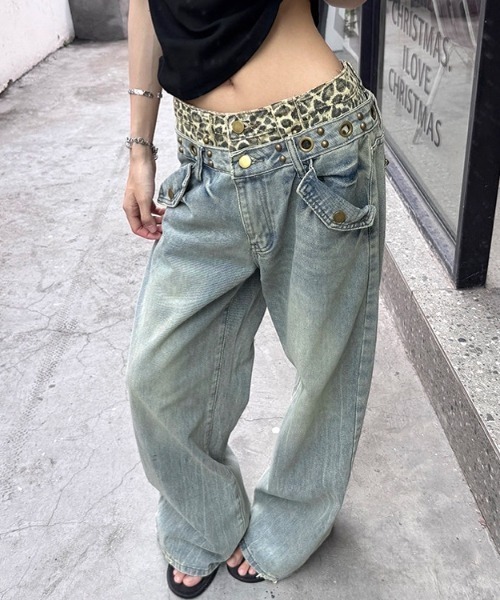 SHEENA(シーナ)の「レオパードダブルウエストヴィンテージライクデニムワイドパンツ(デニムパンツ・レディース・ブルー・S/M/L)」の11枚目の写真