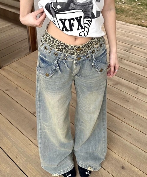 SHEENA(シーナ)の「レオパードダブルウエストヴィンテージライクデニムワイドパンツ(デニムパンツ・レディース・ブルー・S/M/L)」の15枚目の写真