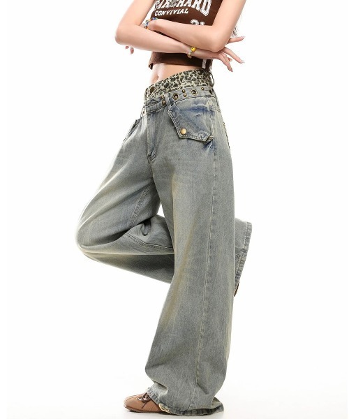 SHEENA(シーナ)の「レオパードダブルウエストヴィンテージライクデニムワイドパンツ(デニムパンツ・レディース・ブルー・S/M/L)」の3枚目の写真