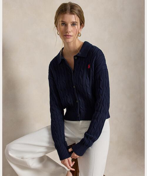POLO RALPH LAUREN(ポロ ラルフ ローレン)の「ケーブル コットン ポロカラー カーディガン(カーディガン/ボレロ・レディース・ブルー・S/M/XS)」の1枚目の写真