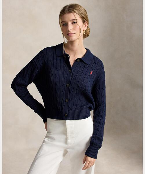 POLO RALPH LAUREN(ポロ ラルフ ローレン)の「ケーブル コットン ポロカラー カーディガン(カーディガン/ボレロ・レディース・ブルー・S/M/XS)」の4枚目の写真