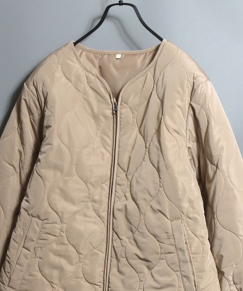 ANPAS(アンパス)の「Women’s Heat-Retention Kapok-Blend Quilted Collarless Jacket / レディース 吸湿発熱 カポック混中綿 キルティングノーカラージャケット ブルゾン アウター(ノーカラージャケット・レディース・ベージュ/ブラック/モスグリーン・L/LL/M)」の2枚目の写真