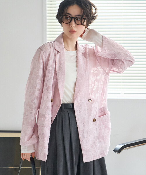 FREAK'S STORE(フリークスストア)の「シアー ジャガードジャケット(シャツ/ブラウス・レディース・ブラウン/ブラック/オフホワイト/ピンク・フリ-)」の4枚目の写真