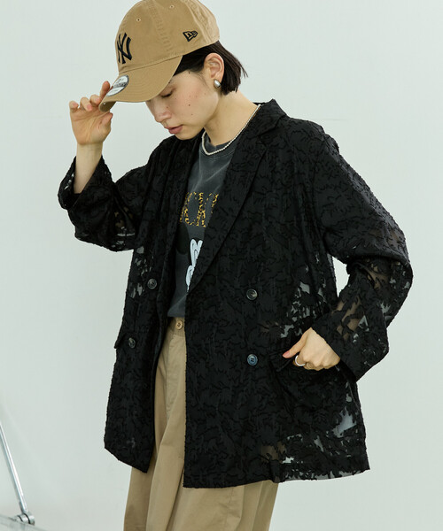 FREAK'S STORE(フリークスストア)の「シアー ジャガードジャケット(シャツ/ブラウス・レディース・ブラウン/ブラック/オフホワイト/ピンク・フリ-)」の2枚目の写真