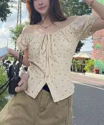 ドット柄リボントップス