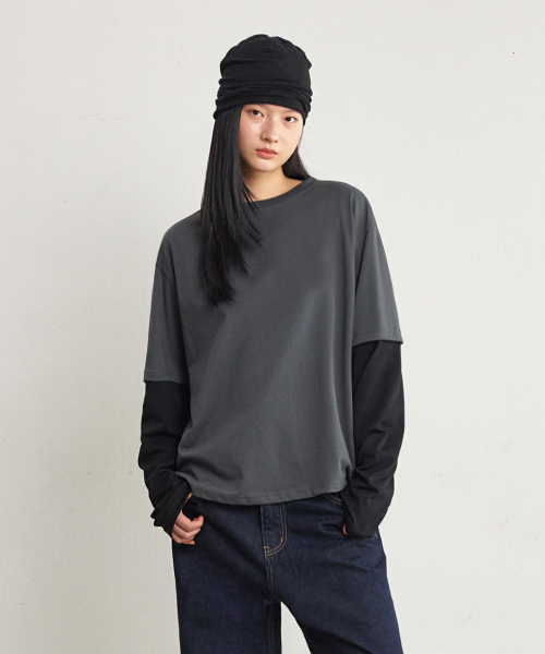 GLW（ジーエルダブリュ）の「[ユニセックス] レイヤードツートンロングスリーブTシャツチャコール（Tシャツ/カットソー・メンズ・その他・SMALL/MEDIUM/LARGE/X-LARGE）」の4枚目の写真