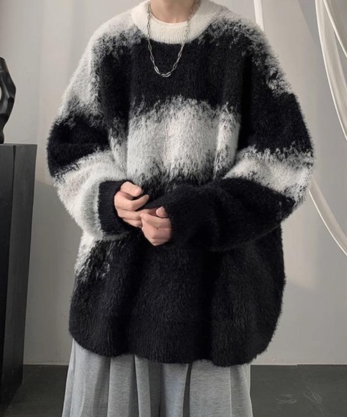 KELVIN（ケルヴァン）の「Fuzzy Border Knit Pullover ファジーボーダーニットプルオーバー（ニット/セーター・メンズ・ブラック・MEDIUM/LARGE）」の4枚目の写真