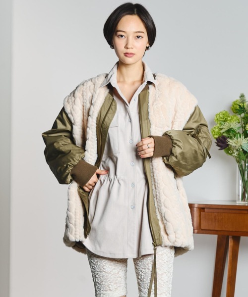 GENE HEAVENS(ジーンヘブンズ)の「(GENE HEAVENS)CABLE EMBOS FAUX FUR MA1 JACKET(MA-1・レディース・ブラック/オリーブ・M/S)」の4枚目の写真