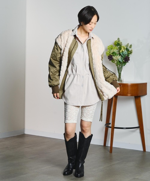 GENE HEAVENS(ジーンヘブンズ)の「(GENE HEAVENS)CABLE EMBOS FAUX FUR MA1 JACKET(MA-1・レディース・ブラック/オリーブ・M/S)」の7枚目の写真
