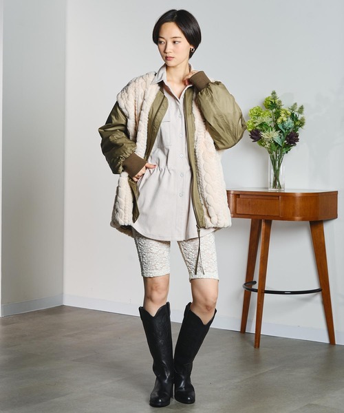 GENE HEAVENS(ジーンヘブンズ)の「(GENE HEAVENS)CABLE EMBOS FAUX FUR MA1 JACKET(MA-1・レディース・ブラック/オリーブ・M/S)」の8枚目の写真