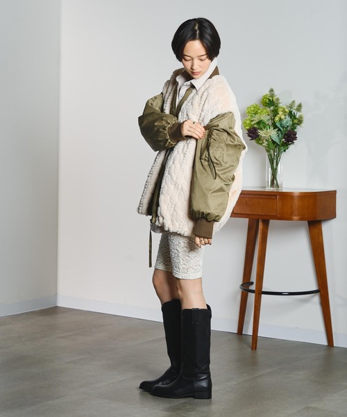 GENE HEAVENS(ジーンヘブンズ)の「(GENE HEAVENS)CABLE EMBOS FAUX FUR MA1 JACKET(MA-1・レディース・ブラック/オリーブ・M/S)」の9枚目の写真