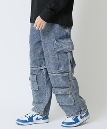 2WAY デニム ワイドカーゴパンツ ケミカルウォッシュ タクティカルパンツ/膝下取り外し可能