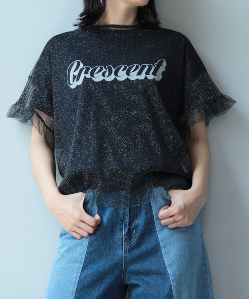 mysty woman(ミスティウーマン)の「天竺ロゴTシャツ&チュールフリル袖Tシャツセット(Tシャツ/カットソー・レディース・ネイビー/オフホワイト/ピンク・FREE)」の2枚目の写真