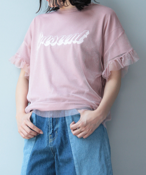 mysty woman(ミスティウーマン)の「天竺ロゴTシャツ&チュールフリル袖Tシャツセット(Tシャツ/カットソー・レディース・ネイビー/オフホワイト/ピンク・FREE)」の9枚目の写真