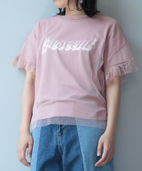 mysty woman(ミスティウーマン)の「天竺ロゴTシャツ&チュールフリル袖Tシャツセット(Tシャツ/カットソー・レディース・ネイビー/オフホワイト/ピンク・FREE)」の10枚目の写真