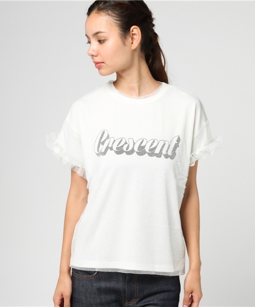 mysty woman(ミスティウーマン)の「天竺ロゴTシャツ&チュールフリル袖Tシャツセット(Tシャツ/カットソー・レディース・ネイビー/オフホワイト/ピンク・FREE)」の4枚目の写真