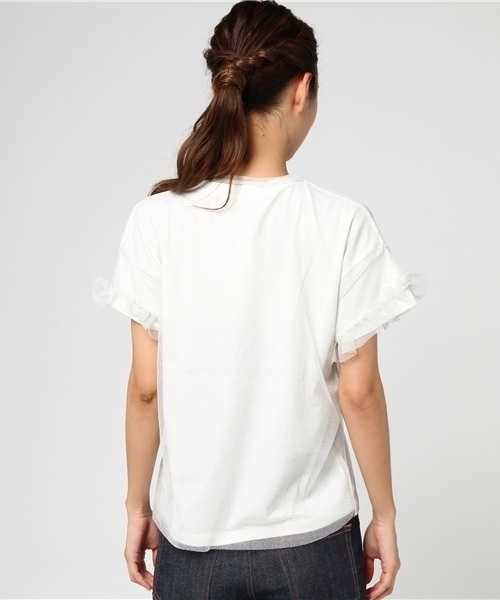 mysty woman(ミスティウーマン)の「天竺ロゴTシャツ&チュールフリル袖Tシャツセット(Tシャツ/カットソー・レディース・ネイビー/オフホワイト/ピンク・FREE)」の6枚目の写真