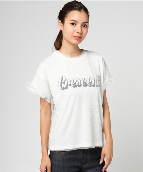 mysty woman(ミスティウーマン)の「天竺ロゴTシャツ&チュールフリル袖Tシャツセット(Tシャツ/カットソー・レディース・ネイビー/オフホワイト/ピンク・FREE)」の14枚目の写真