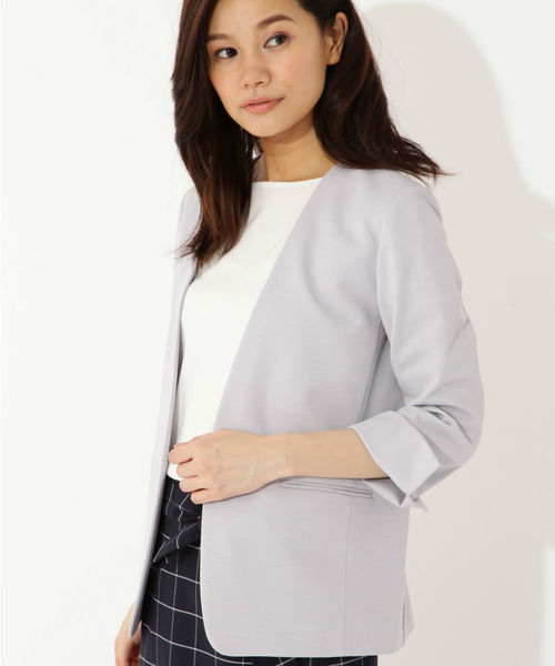 22 OCTOBRE（ヴァンドゥ－オクトーブル）の「◆麻調ジャージージャケット（ノーカラージャケット・レディース・ホワイト/ネイビー/グレー・40/38）」の3枚目の写真