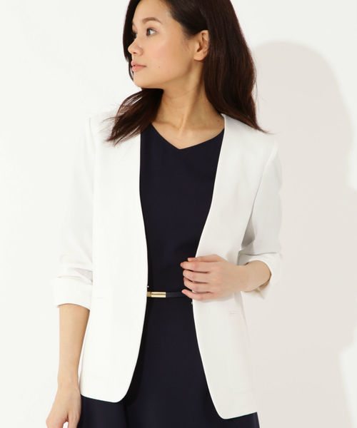 22 OCTOBRE（ヴァンドゥ－オクトーブル）の「◆麻調ジャージージャケット（ノーカラージャケット・レディース・ホワイト/ネイビー/グレー・40/38）」の2枚目の写真