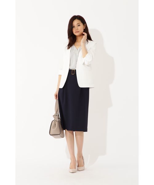 22 OCTOBRE（ヴァンドゥ－オクトーブル）の「◆麻調ジャージージャケット（ノーカラージャケット・レディース・ホワイト/ネイビー/グレー・40/38）」の16枚目の写真