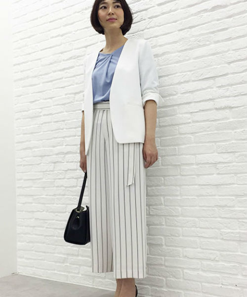 22 OCTOBRE（ヴァンドゥ－オクトーブル）の「◆麻調ジャージージャケット（ノーカラージャケット・レディース・ホワイト/ネイビー/グレー・40/38）」の4枚目の写真