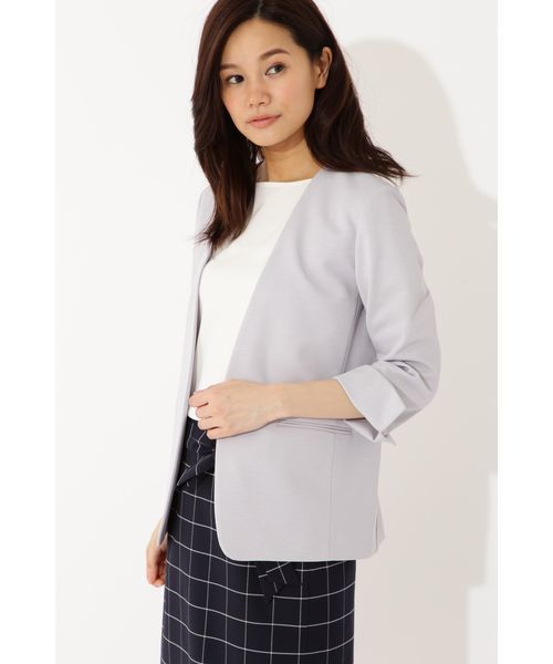 22 OCTOBRE（ヴァンドゥ－オクトーブル）の「◆麻調ジャージージャケット（ノーカラージャケット・レディース・ホワイト/ネイビー/グレー・40/38）」の6枚目の写真