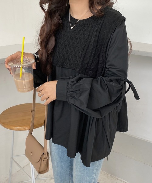 ABITOKYO(アビトーキョー)の「ケーブルニット ドッキング 春ブラウス(シャツ/ブラウス)」|ブラック