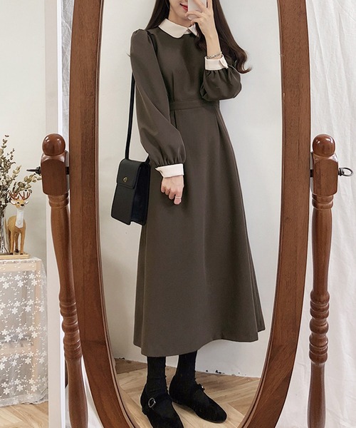 Belchic レトロガーリーイエローワンピース エプロン コーデ ワンピース