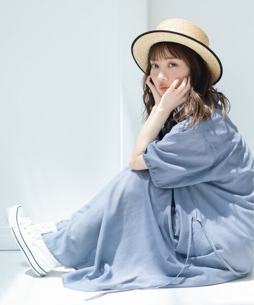 DOUBLE NAME(ダブルネーム)の「【merモデルまるちゃんコラボ】ストライプシャツワンピース(シャツワンピース・レディース・ベージュ/ネイビー/サックスブルー・FREE)」の2枚目の写真