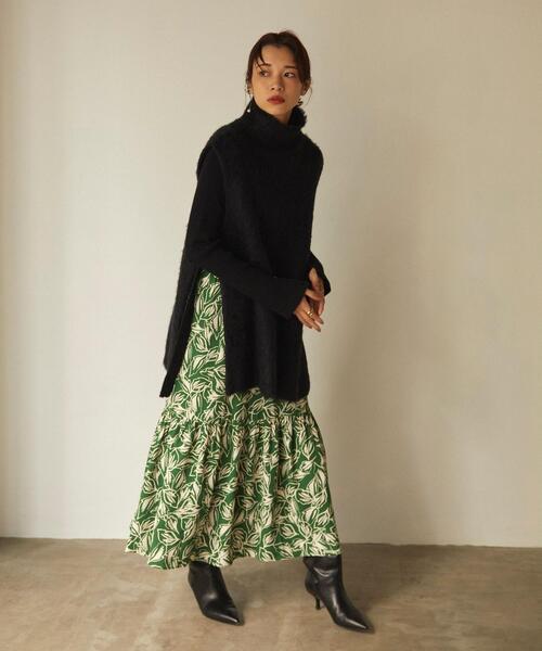 EMMEL REFINES（エメルリファインズ）の「＜EMMEL REFINES（エメル リファインズ）＞EM リーフプリント ギャザースカート（スカート・レディース・ブラック/ケリー・FREE）」の13枚目の写真