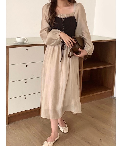 セール】コルセット風ギャザースリーブサテンワンピース（ワンピース