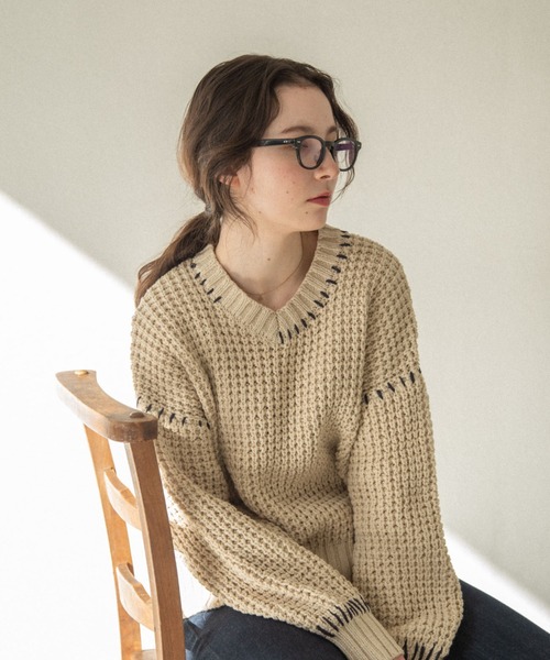 idem（イデム）の「hand stitch waffle pullover/ハンドステッチワッフルニット（ニット/セーター・レディース・ブラック/ベージュ/ピンク・FREE）」の15枚目の写真