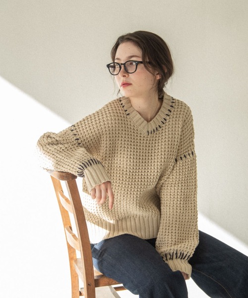 idem（イデム）の「hand stitch waffle pullover/ハンドステッチワッフルニット（ニット/セーター・レディース・ブラック/ベージュ/ピンク・FREE）」の11枚目の写真