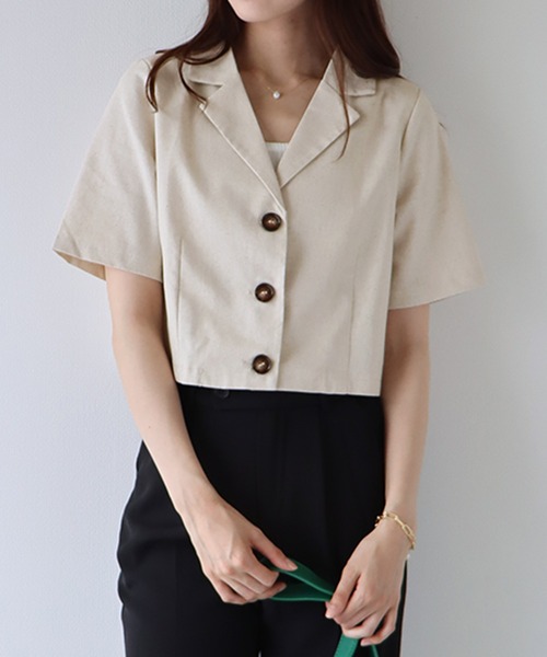 BLUEEAST（ブルーイースト）の「半袖リネンショートジャケット（テーラードジャケット・レディース・ブラック/ベージュ/モカ・MEDIUM）」の3枚目の写真