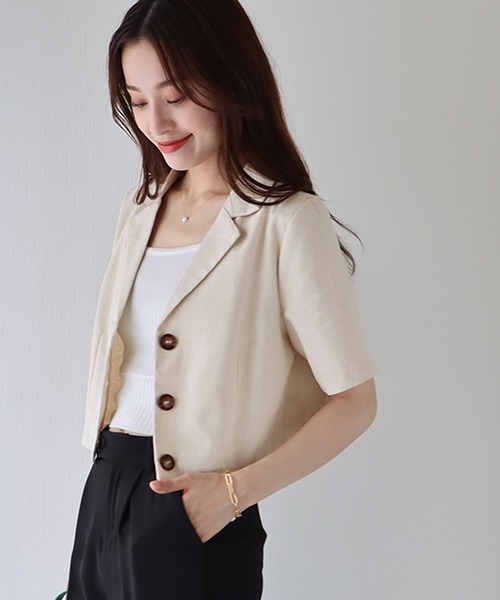 BLUEEAST（ブルーイースト）の「半袖リネンショートジャケット（テーラードジャケット・レディース・ブラック/ベージュ/モカ・MEDIUM）」の13枚目の写真