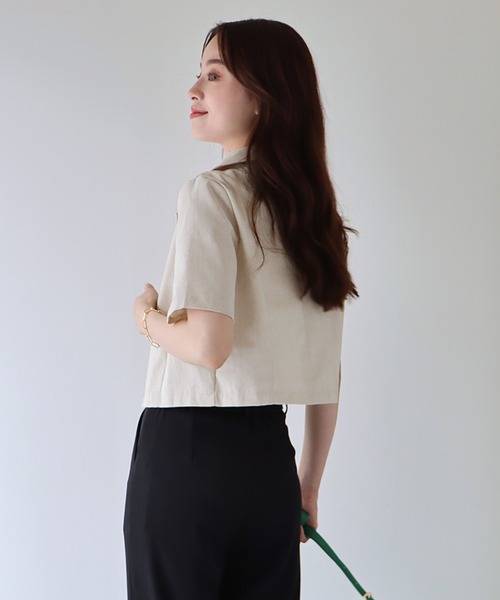 BLUEEAST（ブルーイースト）の「半袖リネンショートジャケット（テーラードジャケット・レディース・ブラック/ベージュ/モカ・MEDIUM）」の15枚目の写真