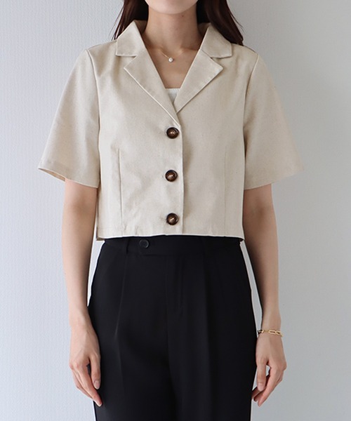BLUEEAST（ブルーイースト）の「半袖リネンショートジャケット（テーラードジャケット・レディース・ブラック/ベージュ/モカ・MEDIUM）」の21枚目の写真