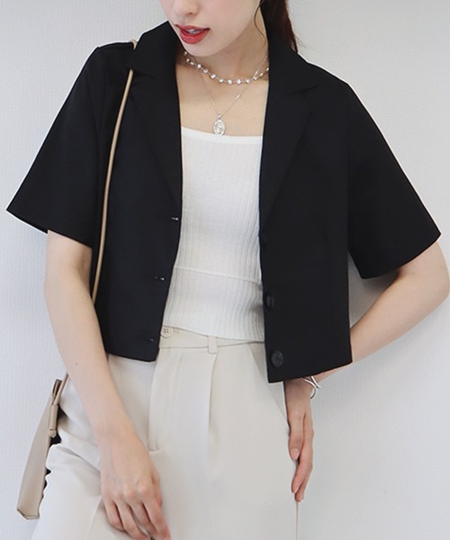 BLUEEAST（ブルーイースト）の「半袖リネンショートジャケット（テーラードジャケット・レディース・ブラック/ベージュ/モカ・MEDIUM）」の4枚目の写真