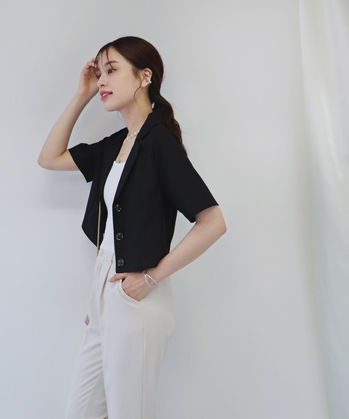 BLUEEAST（ブルーイースト）の「半袖リネンショートジャケット（テーラードジャケット・レディース・ブラック/ベージュ/モカ・MEDIUM）」の5枚目の写真