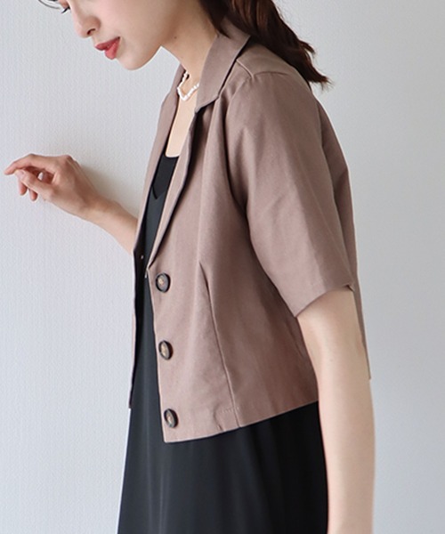 BLUEEAST（ブルーイースト）の「半袖リネンショートジャケット（テーラードジャケット・レディース・ブラック/ベージュ/モカ・MEDIUM）」の9枚目の写真