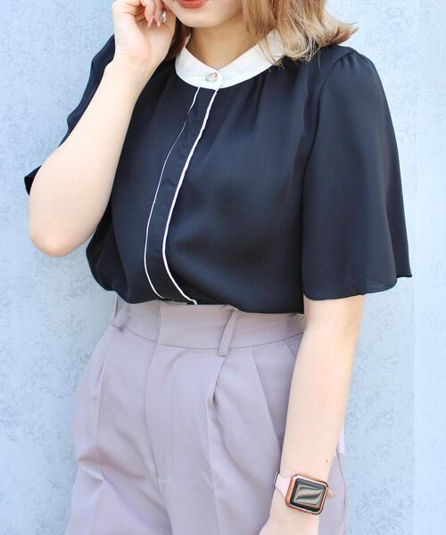 INGNI(イング)の「バイカラートロミ/フレア袖ブラウス(シャツ/ブラウス・レディース・ホワイト×ブラック/ブラック×ホワイト/ピンク系9/サックスブルー系・M)」の3枚目の写真