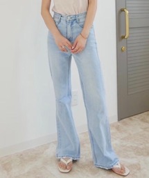 ハイライズフレアデニム / ハイライズデニム ハイウエスト 美脚 ライトブルー 淡色 バギー フルレングス