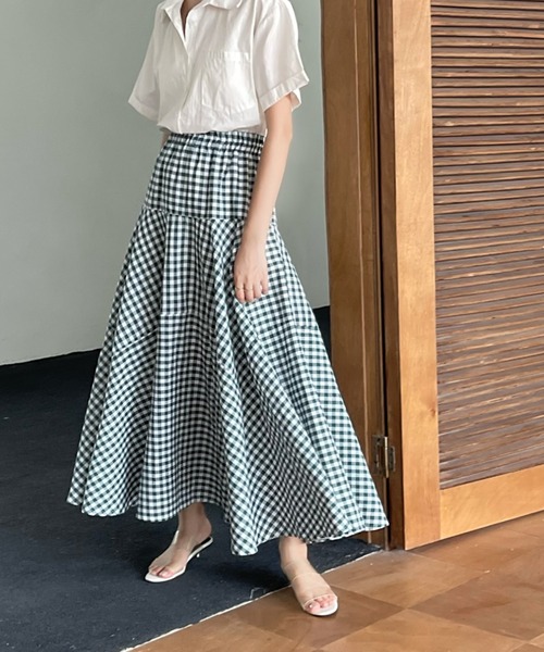 emi+（エミプラス）の「カラーギンガムチェックマキシフレアスカート（スカート・レディース・ブラック/ブルー/グリーン/イエロー/オレンジ・M/L）」の8枚目の写真