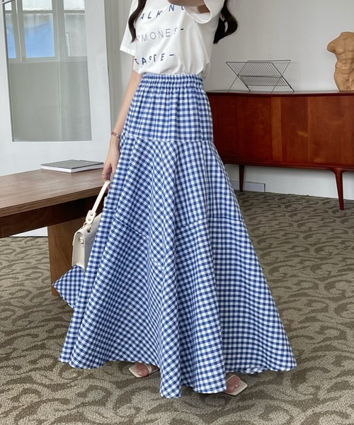 emi+（エミプラス）の「カラーギンガムチェックマキシフレアスカート（スカート・レディース・ブラック/ブルー/グリーン/イエロー/オレンジ・M/L）」の14枚目の写真