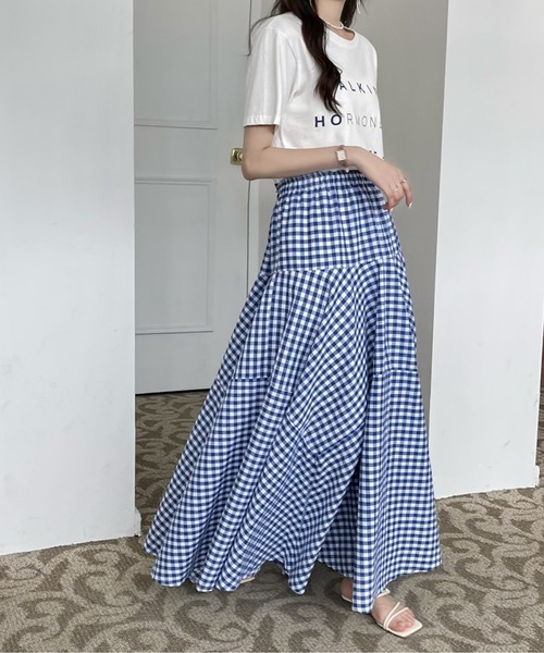 emi+（エミプラス）の「カラーギンガムチェックマキシフレアスカート（スカート・レディース・ブラック/ブルー/グリーン/イエロー/オレンジ・M/L）」の19枚目の写真