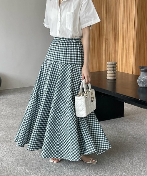 emi+（エミプラス）の「カラーギンガムチェックマキシフレアスカート（スカート・レディース・ブラック/ブルー/グリーン/イエロー/オレンジ・M/L）」の10枚目の写真