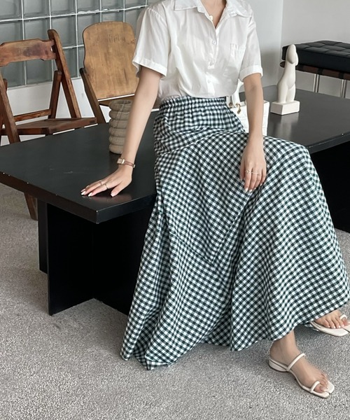 emi+（エミプラス）の「カラーギンガムチェックマキシフレアスカート（スカート・レディース・ブラック/ブルー/グリーン/イエロー/オレンジ・M/L）」の15枚目の写真