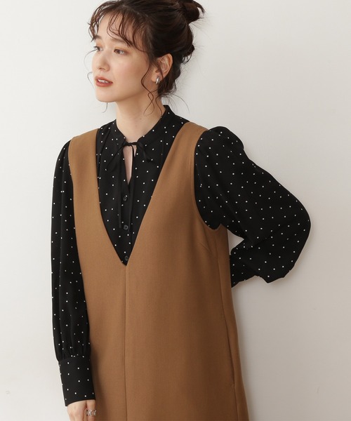 N.（N. Natural Beauty Basic）（エヌエヌナチュラルビューティーベーシック）の「【松井愛莉さん着用】◆リボンとろみブラウス（シャツ/ブラウス・レディース・オフホワイト/ドット/ベージュ/グリーン・MEDIUM）」の4枚目の写真