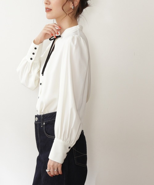 N.（N. Natural Beauty Basic）（エヌエヌナチュラルビューティーベーシック）の「【松井愛莉さん着用】◆リボンとろみブラウス（シャツ/ブラウス・レディース・オフホワイト/ドット/ベージュ/グリーン・MEDIUM）」の9枚目の写真